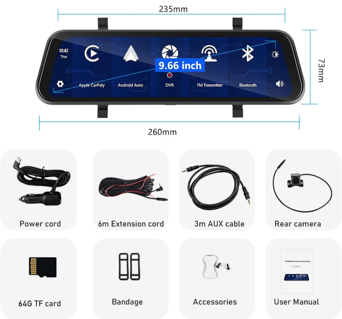 Specchietto retrovisore 9.66 pollici dashcam 1080P con carplay |Maxistore™