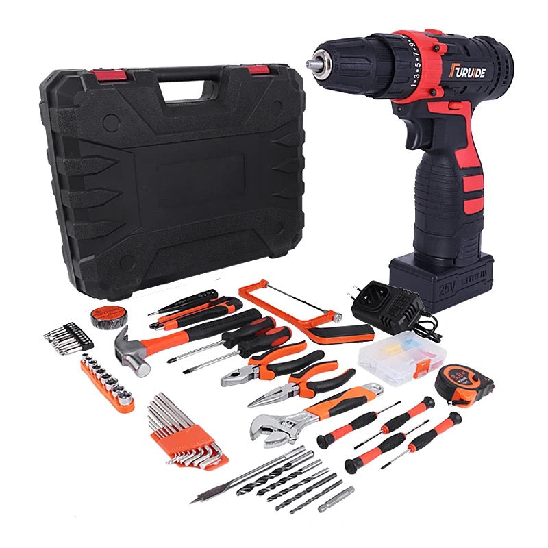 Trapano avvitatore con batteria 25V + valigetta 112 accessori | Maxistore™