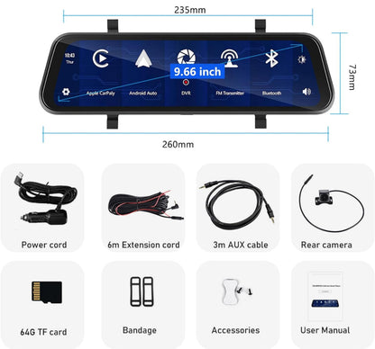 Specchietto retrovisore 9.66 pollici dashcam 1080P con carplay |Maxistore™