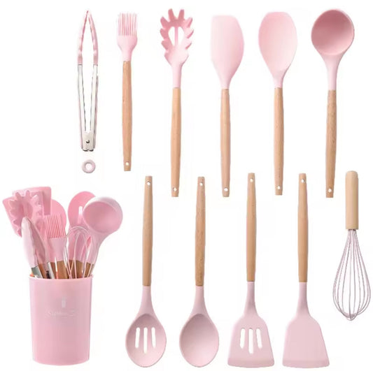 Set Cucina : 11 utensili in silicone con manico in legno e porta utensili incluso | Maxistore™