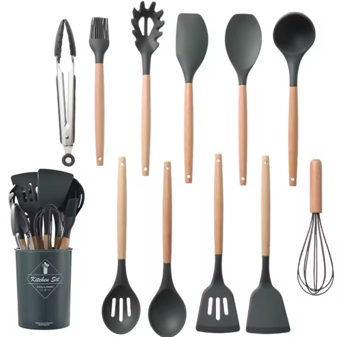 Set Cucina : 11 utensili in silicone con manico in legno e porta utensili incluso | Maxistore™